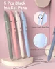 A product shot of five gel pens with marketing text and close-up feature callouts. Produktbild-Vorschau