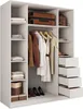 An open wardrobe with clothes hanging and folded, and drawers. The wardrobe is white and appears to be in a bedroom setting. Produktbild-Vorschau