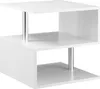 A white S-shaped side table with silver metal supports, shown against a white background. Produktbild-Vorschau