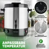 A stainless steel beverage dispenser and food warmer is shown on a kitchen counter, with inset graphics highlighting its features. Anteprima dell’immagine prodotto