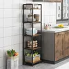 A tall, narrow shelving unit with a metal frame and wooden shelves, filled with kitchen items like bowls, a rice cooker, eggs, and produce. Náhled obrázku produktu