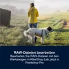 A split image showing a person and a dog in a foggy field, with text overlay about editing RAW files. Produktbild-Vorschau