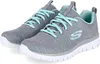 A pair of gray Skechers sneakers with teal laces and accents, shown against a white background. Voir les images du produit