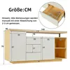 A diagram showing the dimensions of a white and wood sideboard with measurements indicated. Produktbild-Vorschau