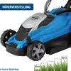 Close-up of a blue electric lawnmower with grass height indicators. Produktbild-Vorschau