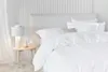 A neatly made bed with white bedding and a white headboard, next to a bedside table with a lamp. Produktbild-Vorschau