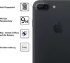 A close-up of the back of a dark-colored smartphone, likely an iPhone, with a camera lens protector applied. To the left are icons and text describing the features of the protector. Produktbild-Vorschau