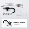 A flat lay of kitchen faucet components and an instruction manual, with a separate image of the faucet on a scale below. Produktbild-Vorschau