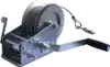A metal winch with a cable and a crank handle, isolated on a white background. Produktbild-Vorschau