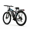 A black electric mountain bike with blue accents is shown against a white background. Produktbild-Vorschau