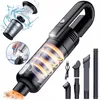 Collage showing a black handheld vacuum cleaner with various attachments, a charging cable, and illustrations of its filter and suction power. Produktbild-Vorschau