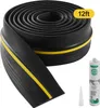 A coiled black rubber garage door seal with a yellow stripe, next to a tube of sealant and a nozzle. Voir les images du produit