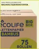 A close-up of a cardboard box for oecolife toilet paper, highlighting its features and branding. Produktbild-Vorschau