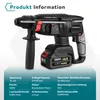 A cordless hammer drill with its battery pack is shown against a light gray and white background, with product specifications listed below. Podgląd zdjęcia produktu