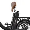 A close-up view of the rear section of a black electric bicycle, focusing on the seat, battery, and rear rack. Produktbild-Vorschau