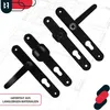 A collection of black door handles and related hardware are displayed on a blueprint-like background. Produktbild-Vorschau