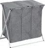 A grey, three-compartment laundry sorter with a metal frame, shown against a white background. Produktbild-Vorschau