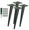 Four black metal table legs and a set of screws with a screwdriver on a white background. Produktbild-Vorschau