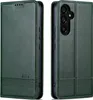 A green leather flip case for a Samsung Galaxy A35 5G phone, shown from two angles. Produktbild-Vorschau