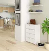 A modern hallway with a white shoe cabinet, a brown handbag, and a plant. Produktbild-Vorschau