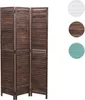A three-panel room divider made of dark brown wood with slatted panels, shown against a white background. Three circular swatches of different colors (white, brown, and teal) are displayed to the right of the room divider, likely indicating color options. Podgląd zdjęcia produktu