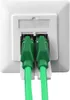 A close-up view of a white wall plate with two green Ethernet cables plugged into it. Produktbild-Vorschau