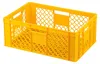 A yellow plastic crate on a white background. Produktbild-Vorschau