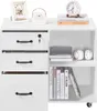 A white rolling storage cabinet with drawers and shelves, featuring office supplies and decorative items. Produktbild-Vorschau