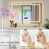 A bathroom mirror with integrated LED lighting and Bluetooth speaker, shown with feature callouts and lifestyle images of a person using skincare products. Náhľad obrázku produktu