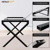 A black metal table base with close-up insets showing features. Produktbild-Vorschau