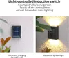 A collage showing a solar-powered wall light in two different states: charging during the day and illuminated at night. Produktbild-Vorschau