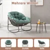 A rocking chair with a green cushion is shown in a room setting, with a small table and a bottle of drink next to it. Below the main image are three smaller images showing the chair from different angles. Produktbild-Vorschau