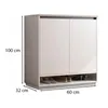 A white shoe cabinet with two doors and a lower shelf displaying shoes, with dimensions indicated. Náhľad obrázku produktu