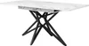 A white marble-look rectangular dining table with a black geometric base, shown from a side angle against a white background. Podgląd zdjęcia produktu