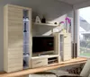 A modern living room with a wall unit featuring a TV, shelves, and display cabinets. Produktbild-Vorschau