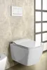 A modern white wall-mounted toilet with a flush plate on a textured wall. Produktbild-Vorschau
