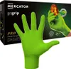 A box of Mercator GOGRIP PRO nitrile protective gloves, with a single green glove prominently displayed in front of the box. Podgląd zdjęcia produktu