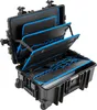 An open black tool case with blue accents, showing multiple compartments and organizers. Náhľad obrázku produktu