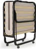 A folded-up portable bed with a mattress. Voir les images du produit