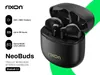A black Rixon NeoBuds true wireless stereo earbud case with earbuds inside, set against a white and green background with feature callouts. Produktbild-Vorschau