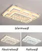 A collage of a modern rectangular ceiling light with crystal accents, shown in different light color temperatures. Produktbild-Vorschau