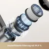 An exploded view diagram of a vacuum cleaner's filtration system, showing multiple filter layers and dust particles being captured. Voir les images du produit
