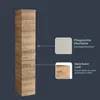 A tall, narrow cabinet with drawers and doors, presented against a dark background with callouts highlighting its features. Produktbild-Vorschau