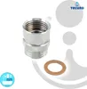 A chrome-plated shower hose adapter and a brown washer are shown on a white and light gray background. Produktbild-Vorschau