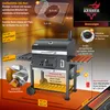A charcoal grill with various features highlighted by text and graphics. Produktbild-Vorschau