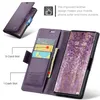 A purple leather wallet-style phone case is open, showing the inside with card slots and a phone with a floral wallpaper. Produktbild-Vorschau