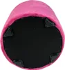 The underside of a pink velvet ottoman with black protective feet. Produktbild-Vorschau
