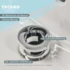 A close-up of a sink drain fitting with text overlays highlighting its features. Produktbild-Vorschau