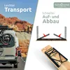 A split image showing a van with a bicycle rack on a road in a desert landscape on the left, and a diagram illustrating the assembly of a table and benches on the right. Produktbild-Vorschau