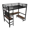 A black metal loft bed with wooden shelves and a desk, shown against a white background. Podgląd zdjęcia produktu